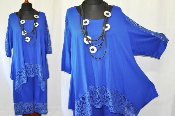 Lagenlook A Line Oversized Zip Tunic Jersey + Lace Royal Blue 48,50,52,54