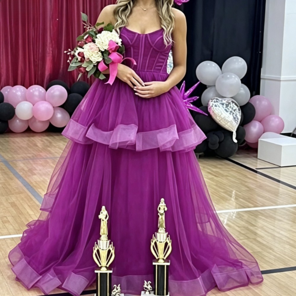 Magenta Tiered Tulle Prom Dresses Strapless Sweetheart Long Pageant Formal Gowns