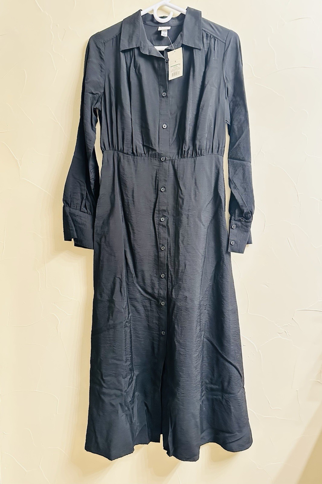 Women’s Black Collared Button-Front Long Sleeve Midi Shirt Dress Pockets M