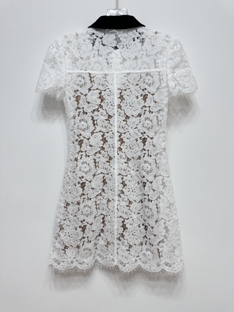 Self-Portrait white Lace trim splicing Color-blocking lapel Dress