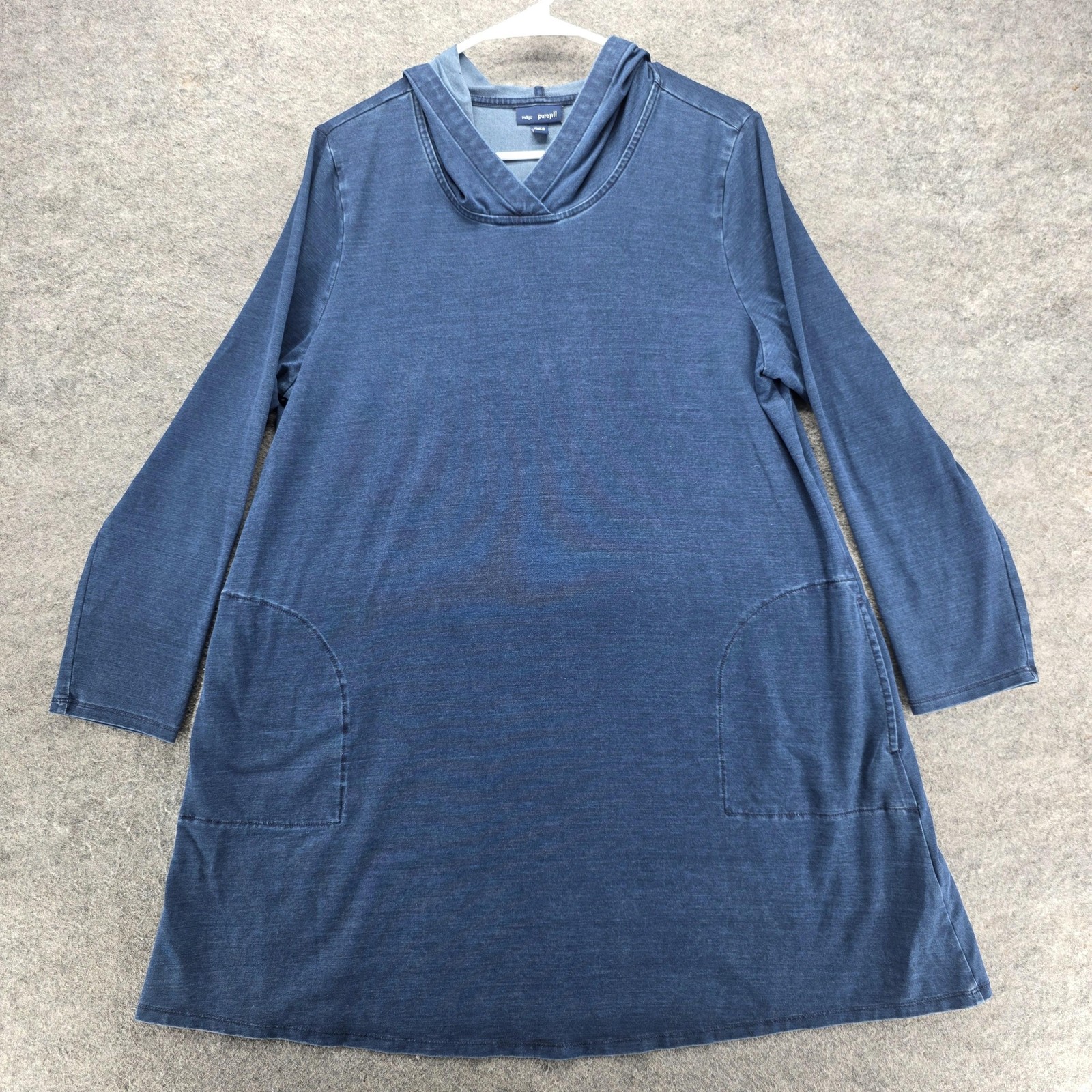 Pure Jill Indigo Dress Womens PL Blue V Neck Hooded Sweatshirt Tunic Pockets
