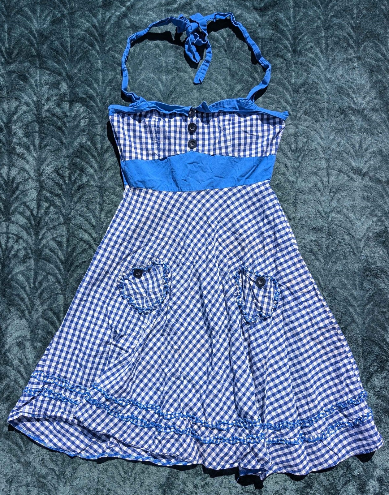 Retro Vintage Sexy 90s Blue White Gingham Rockabilly Pinup Halter Apron Dress