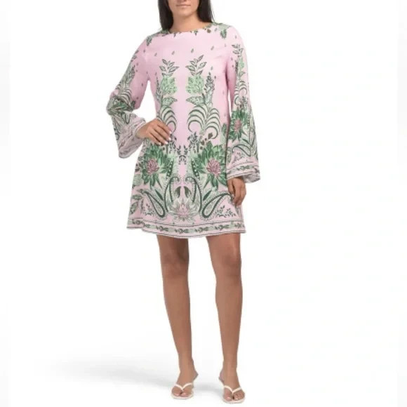NWT CELINA MOON Bell Sleeve Floral Pink and Green Dress Size LARGE