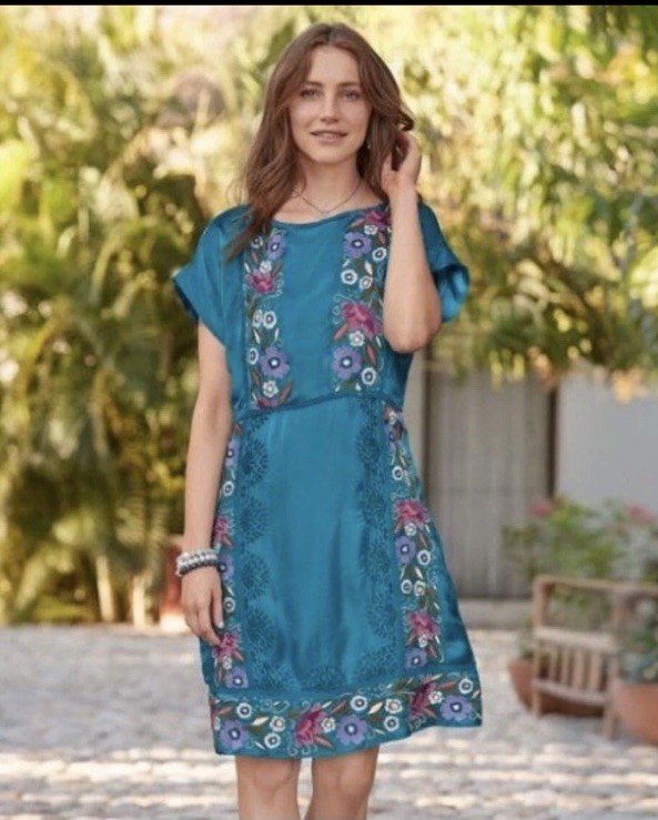 Sundance Catalog Malika Crinkle Embroidered Floral Lace Blue Dress Size XS