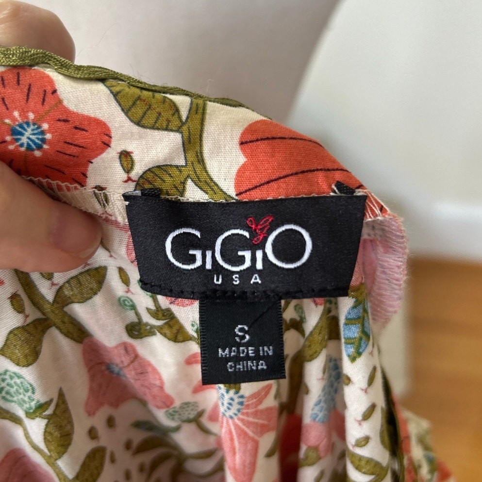 Gigio Cream Orange Olive Green Puff Sleeve Floral Block Print V-Neck Mini Dress
