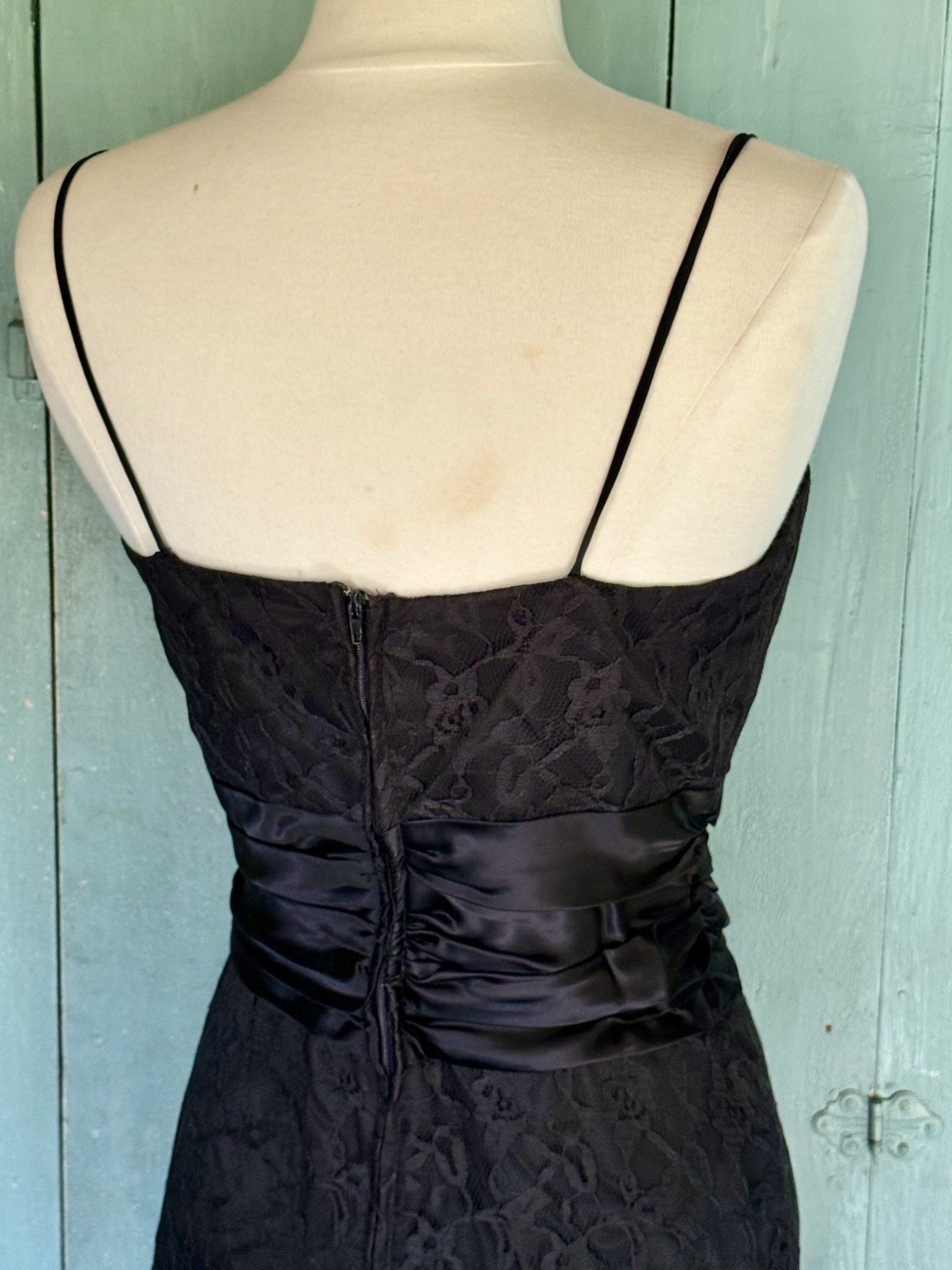 LBD Straps Sweetheart Lace Overlay Wrap Ruched Black Dress Bow Sash S+