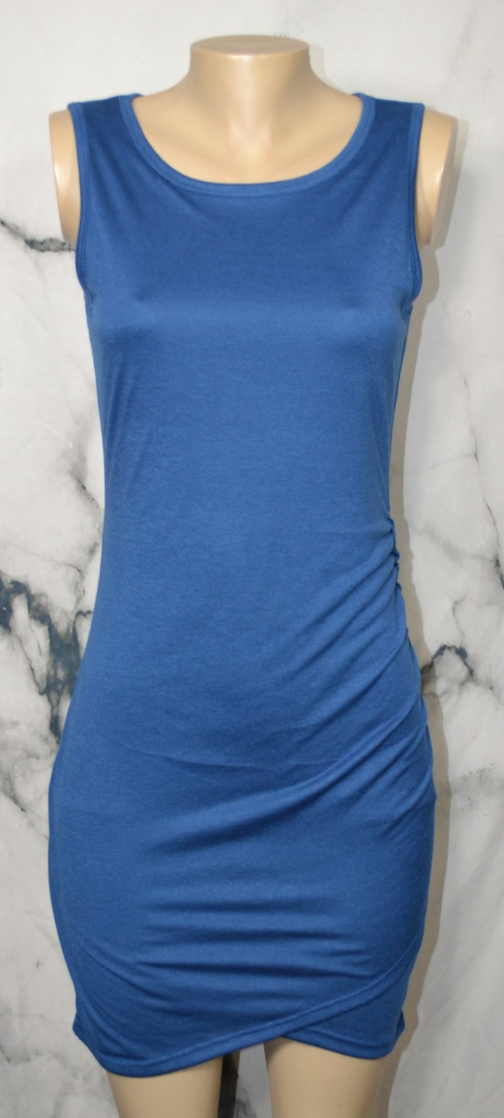 BTFBM Blue Sleeveless Dress Small Lined Ruched Side Seams Stretch Poly Blend