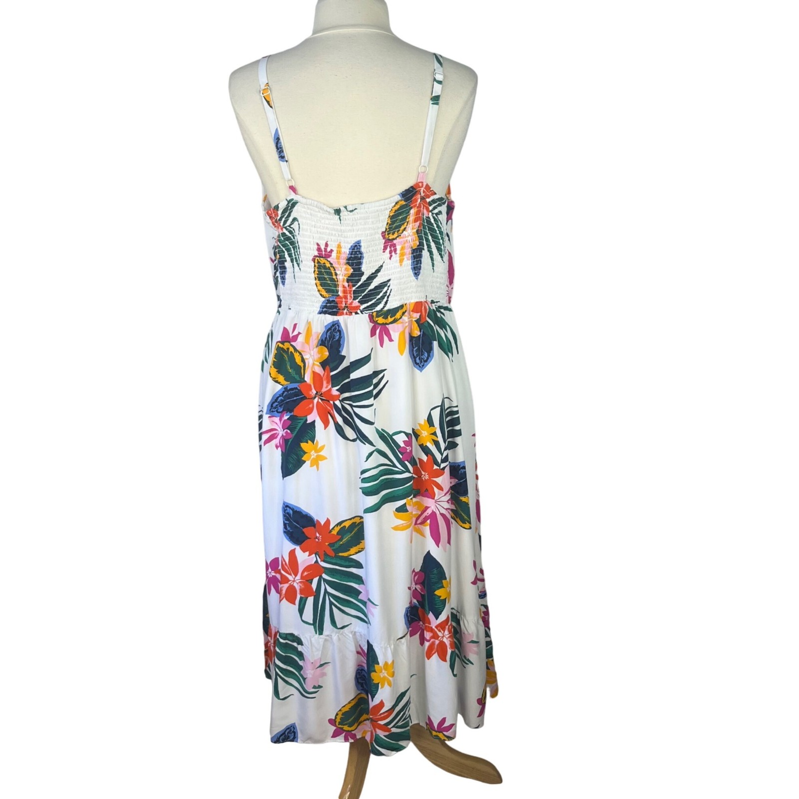 Tropical Floral Print Maxi Midi Sun Dress Adjustable Straps Smocked Back Medium