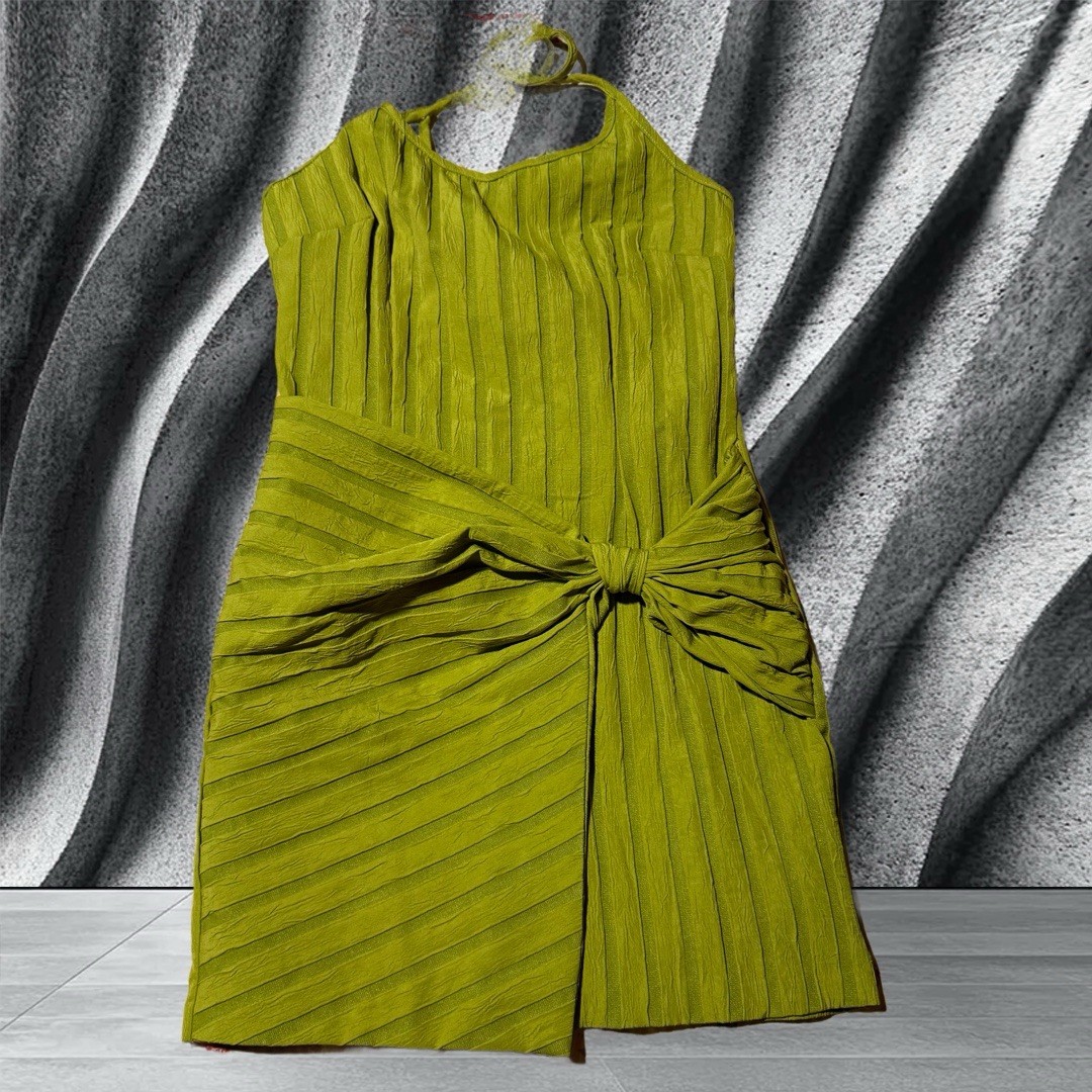 NWT 129.✨STORIA Spring KIWI Green Mini Dress Wraps At Hips To A BOW Beautiful