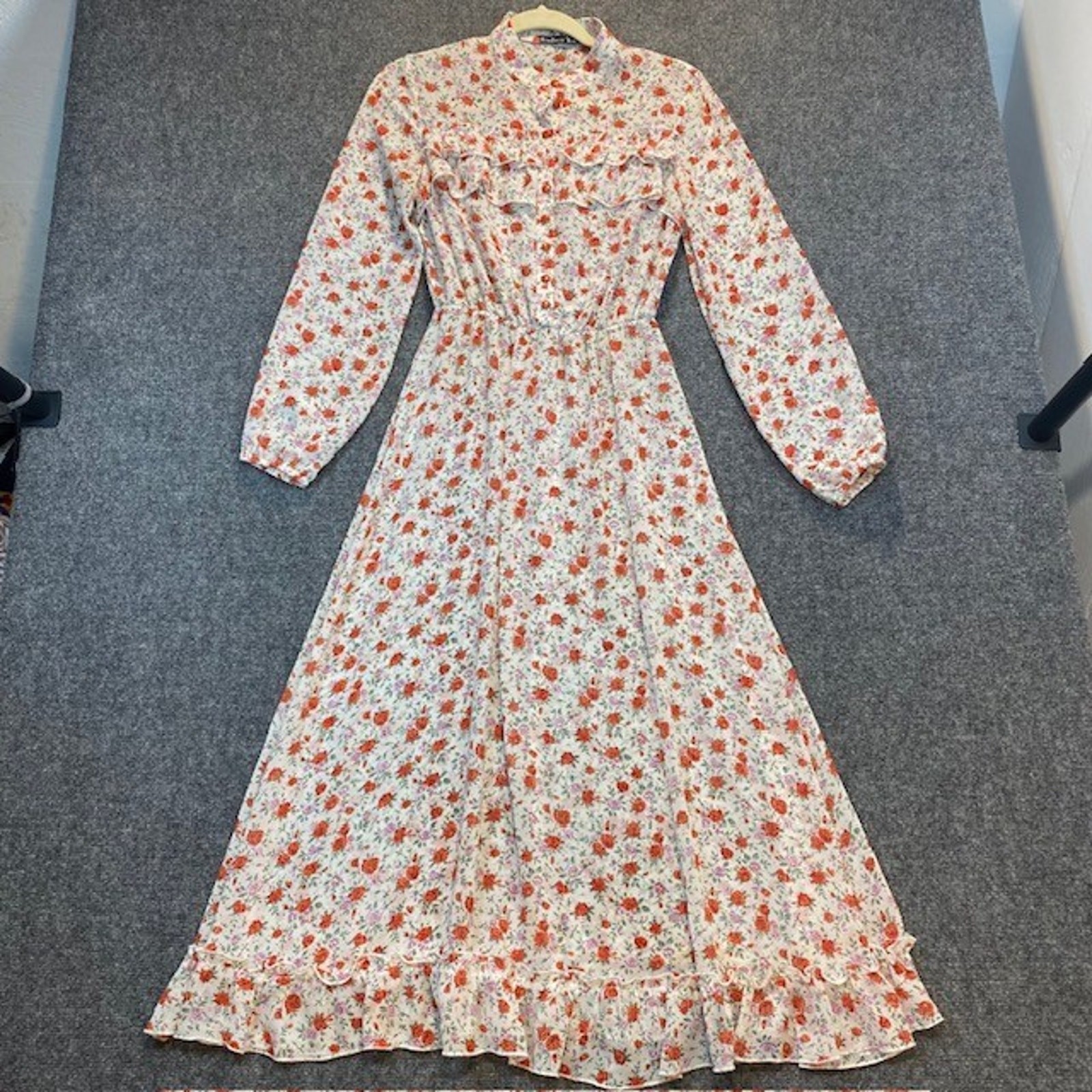 Tess Dress Romantic White Pink Floral Maxi Dress Long Sleeve Ruffle Medium