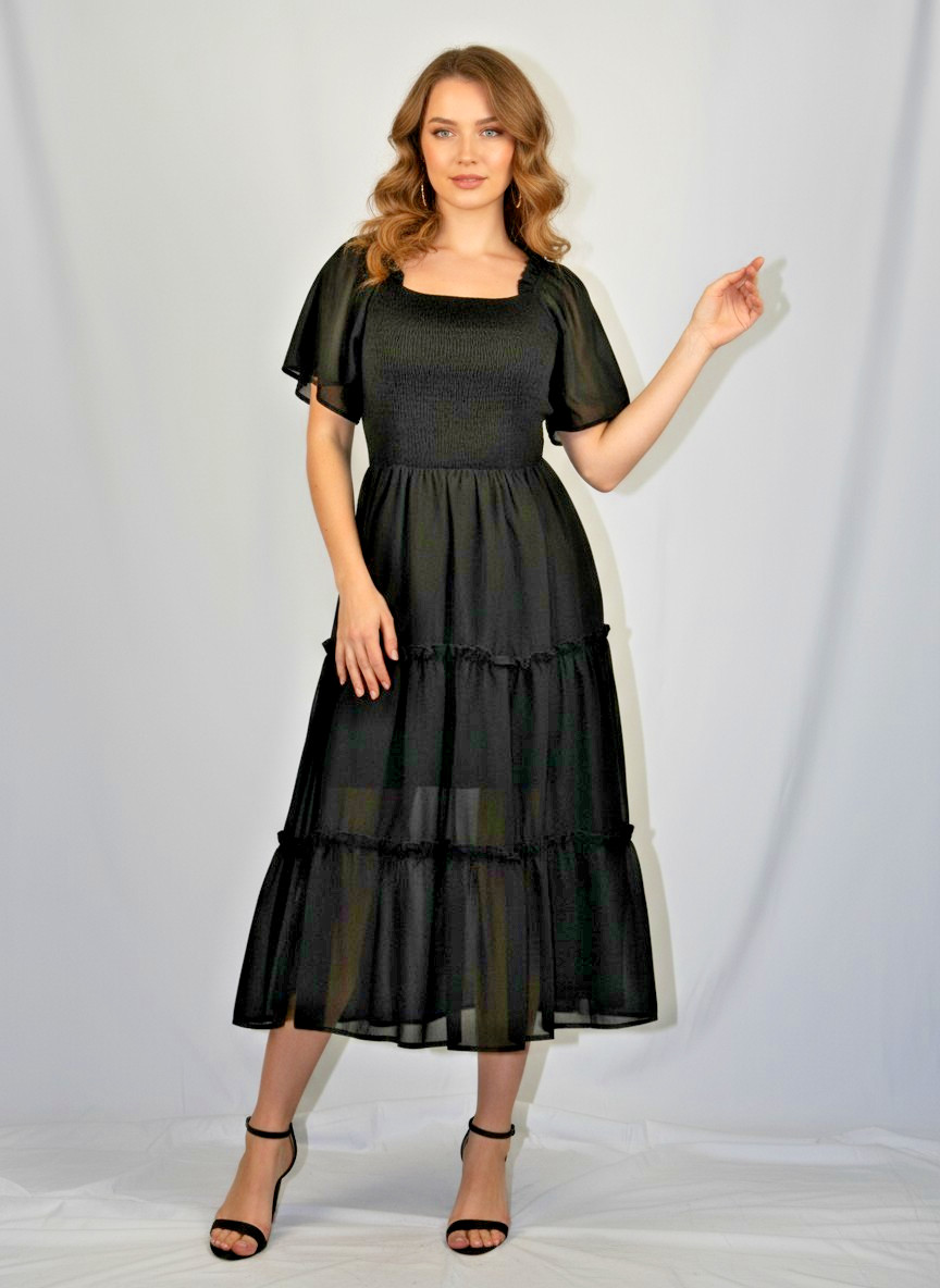 Lillusory Black NWT Tiered Cottagecore Stretch Waist Puff Sleeve Dress SZ M