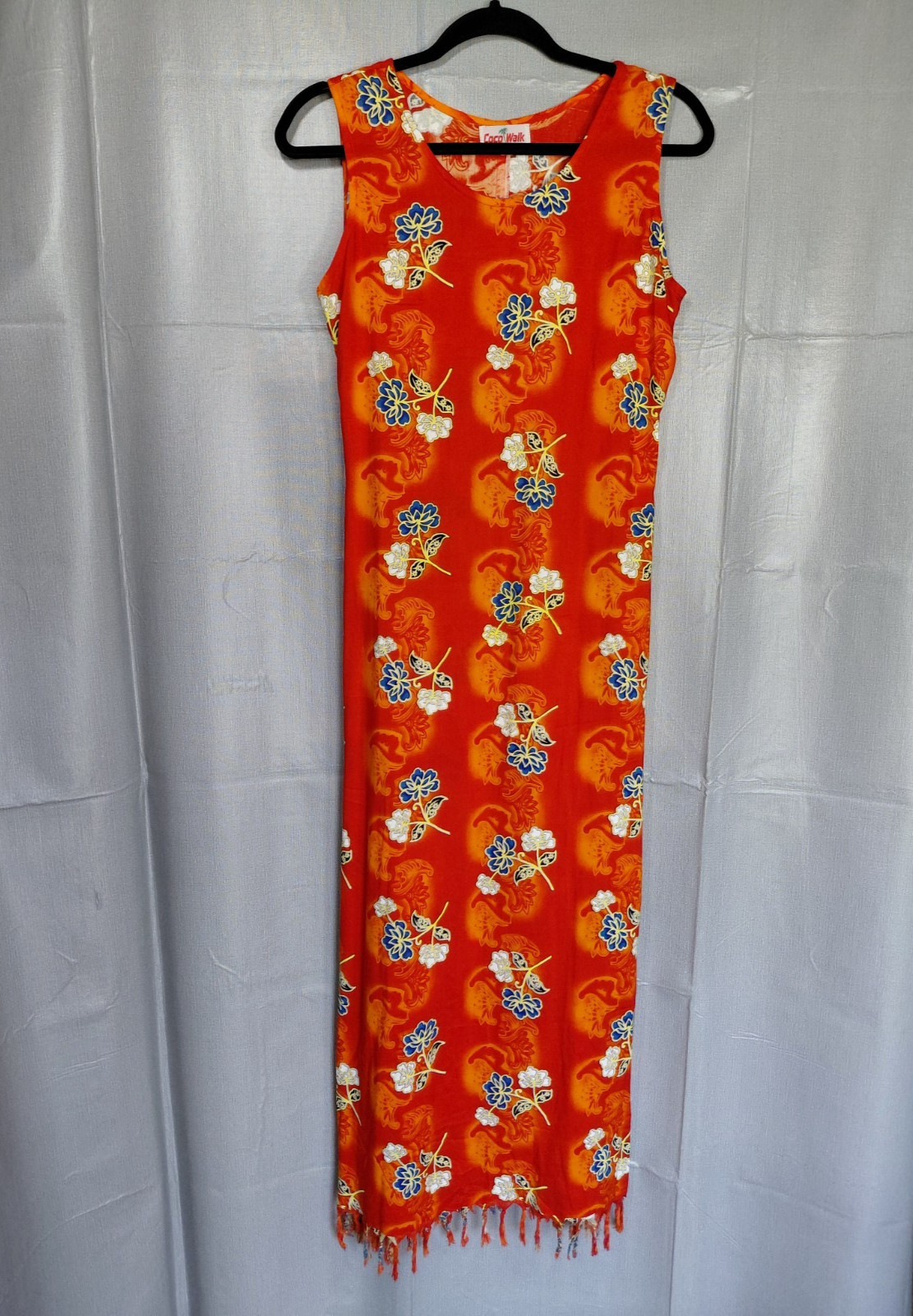 Vtg Coco Walk Tropical Fringe Hem Midi to Maxi Dress SM Red Sleeveless