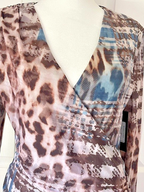 GUESS Marciano Leopard Mesh Wrap Dress M NWT Blue Animal Print Bodycon Sleeve