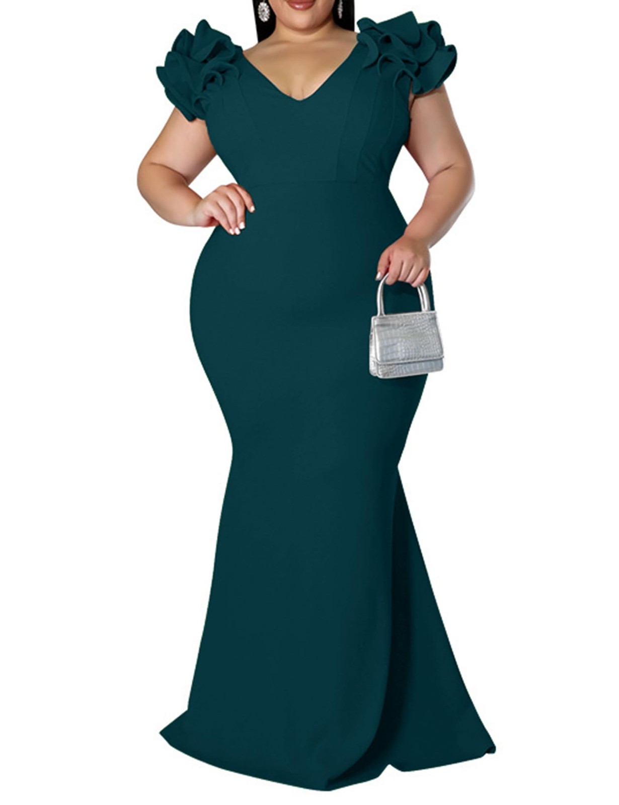 Ekaliy Women’s Plus Size Maxi Dress Elegant V-Neck Ruffle Sleeves Bodycon