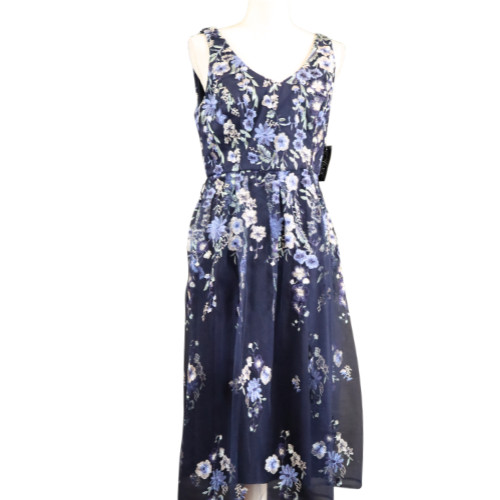 Alex Evenings Navy Blue Floral Mesh Midi Dress Size 6 Elegant Evening Cocktail
