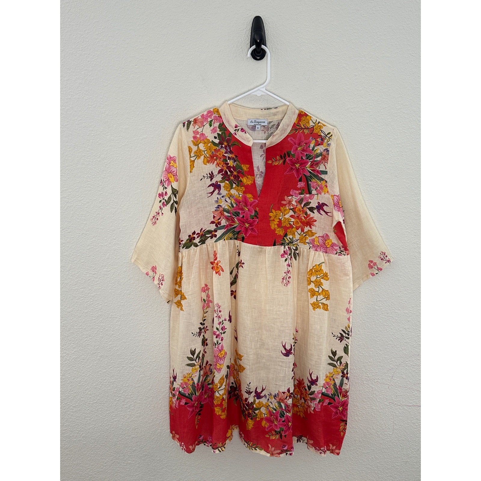 Le Ragazze Linen Floral Babydoll Dress Womens M Cream Red Made in Italy