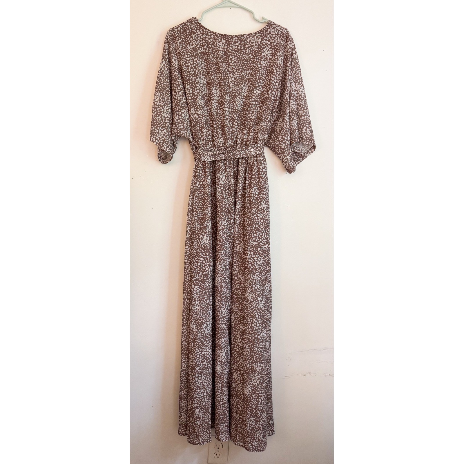 Boho Ditsy Floral Maxi Dress Brown White Wrap V-Neck Short Sleeve XL Side Slit