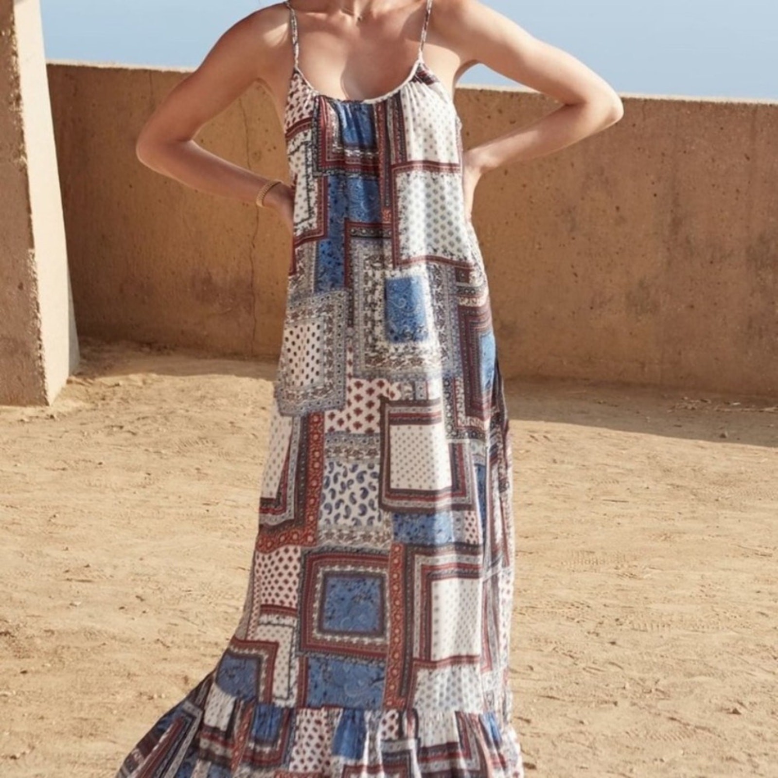 Karen Kane Patchwork Paisley Sleeveless Ruffle Hem Maxi Dress Boho Size S