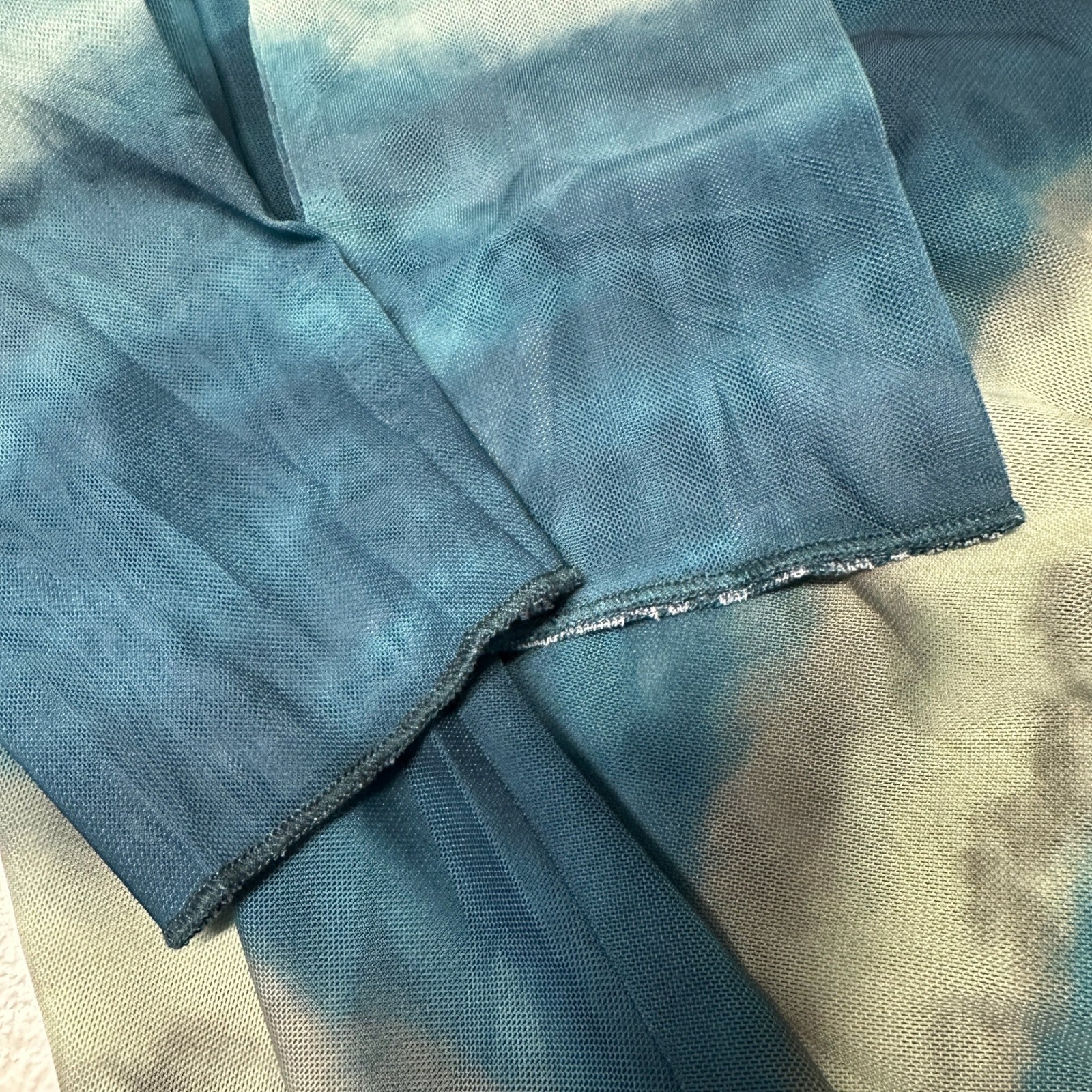 Luxury Tie Dye Maxi Dress Blue Green Ruched Long Sleeve Women’s size XL
