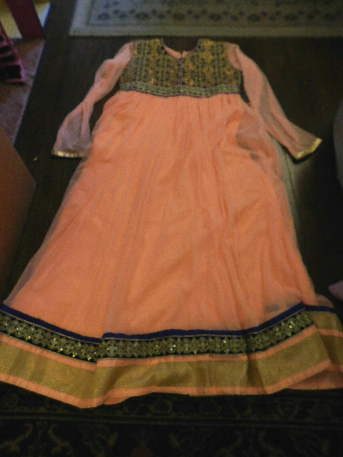 Melon Orange Blue Gold Moroccan Kaftan Farasha Abaya Gown Maxi Embroidered sz 36