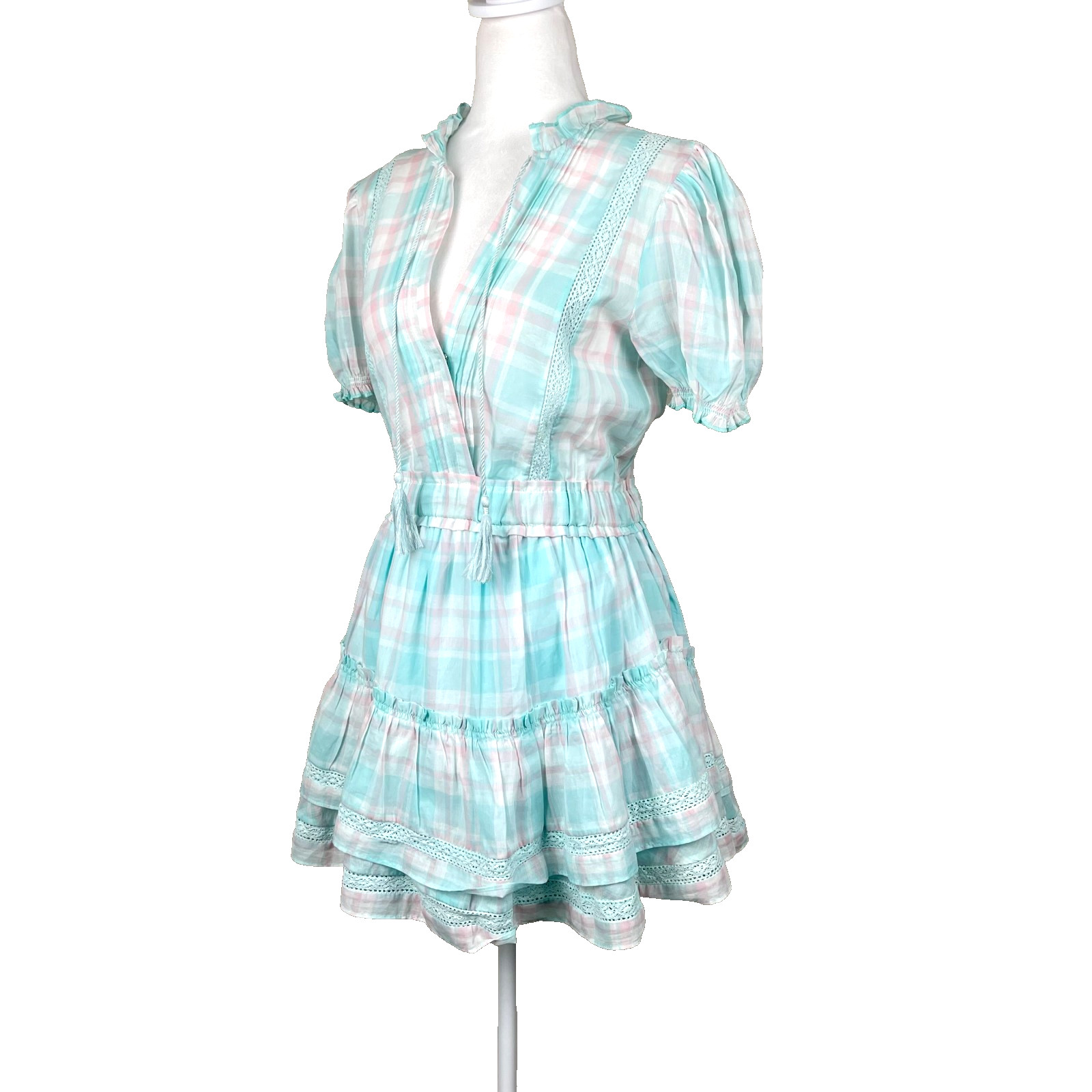 Mable Pastel Plaid Tiered Mini Dress Cotton Cottagecore Coquette Sz S NWT