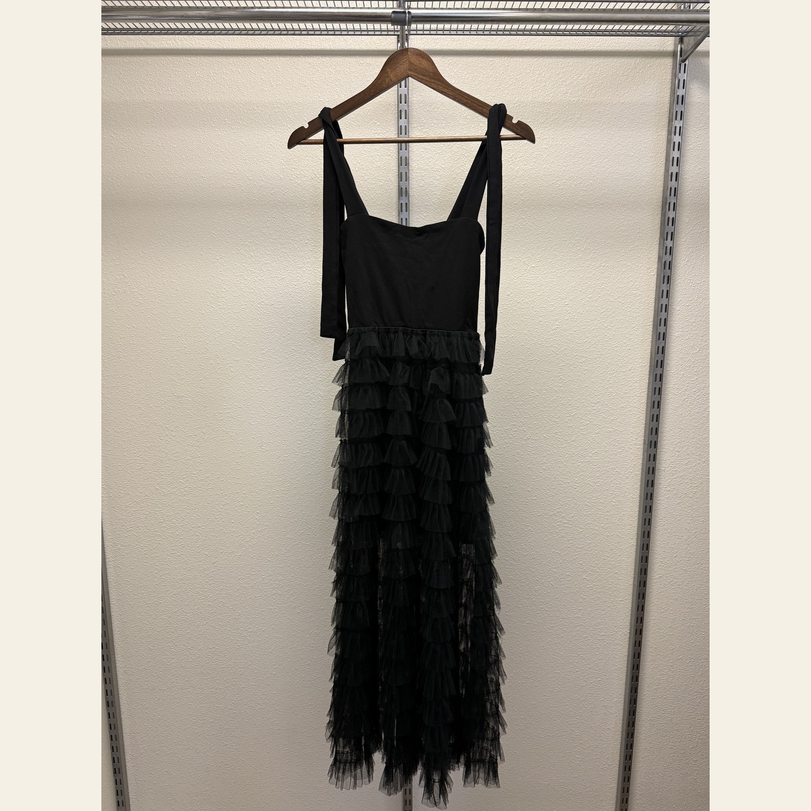 Black Balletcore Tiered Tulle Ruffle Maxi Dress Sweetheart Tie Straps Sz XS S