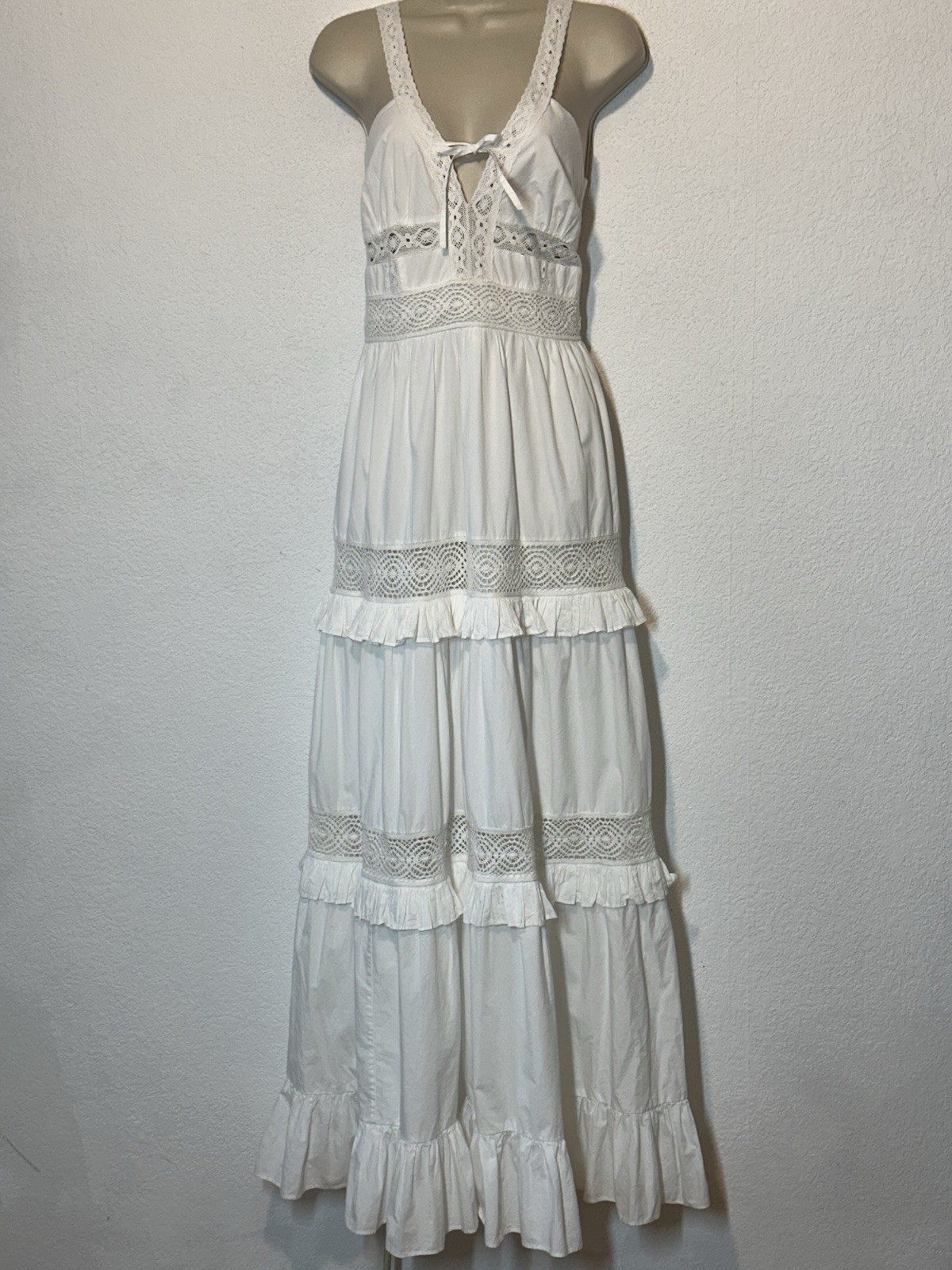 Tularosa White Maxi Dress MCrochet Insert Tiered Ruffle Boho Victorian Festival