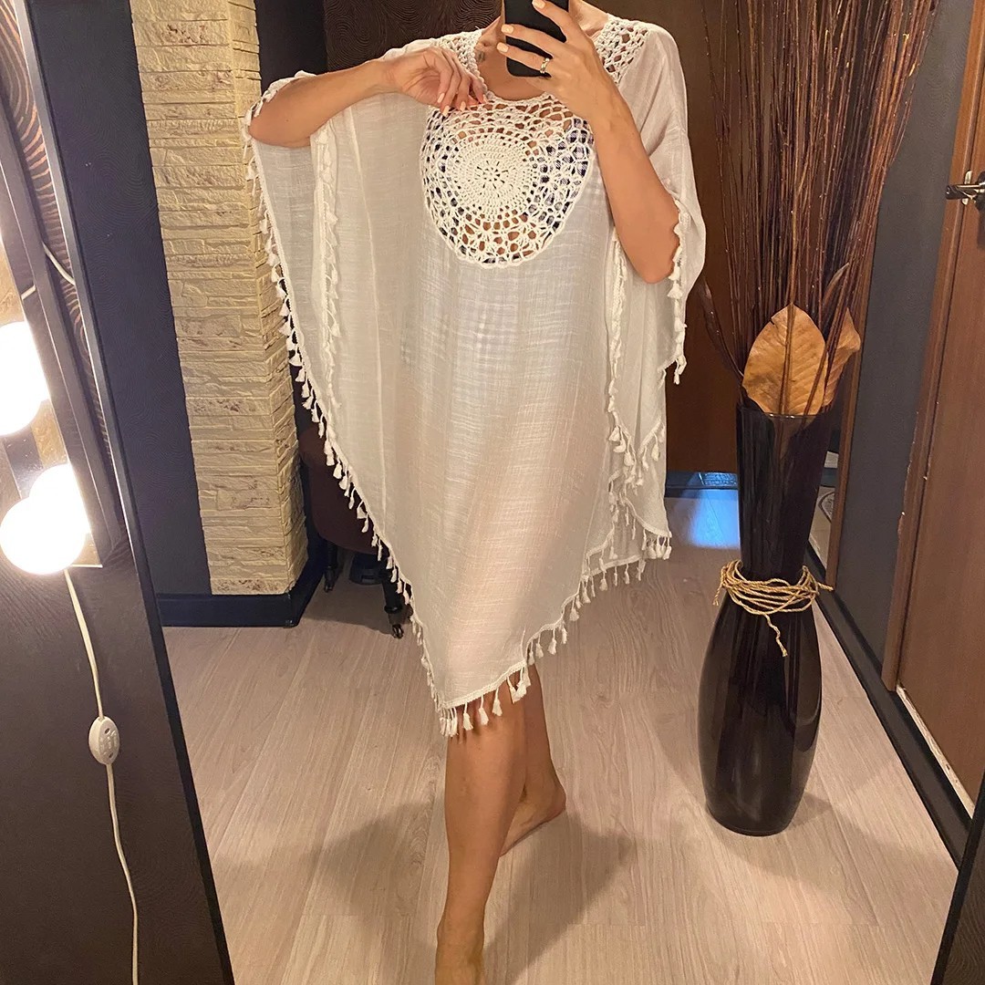 New Fringe Tassel Embroidery Half Sleeve Tunic Beach Cover Up Beach Dress