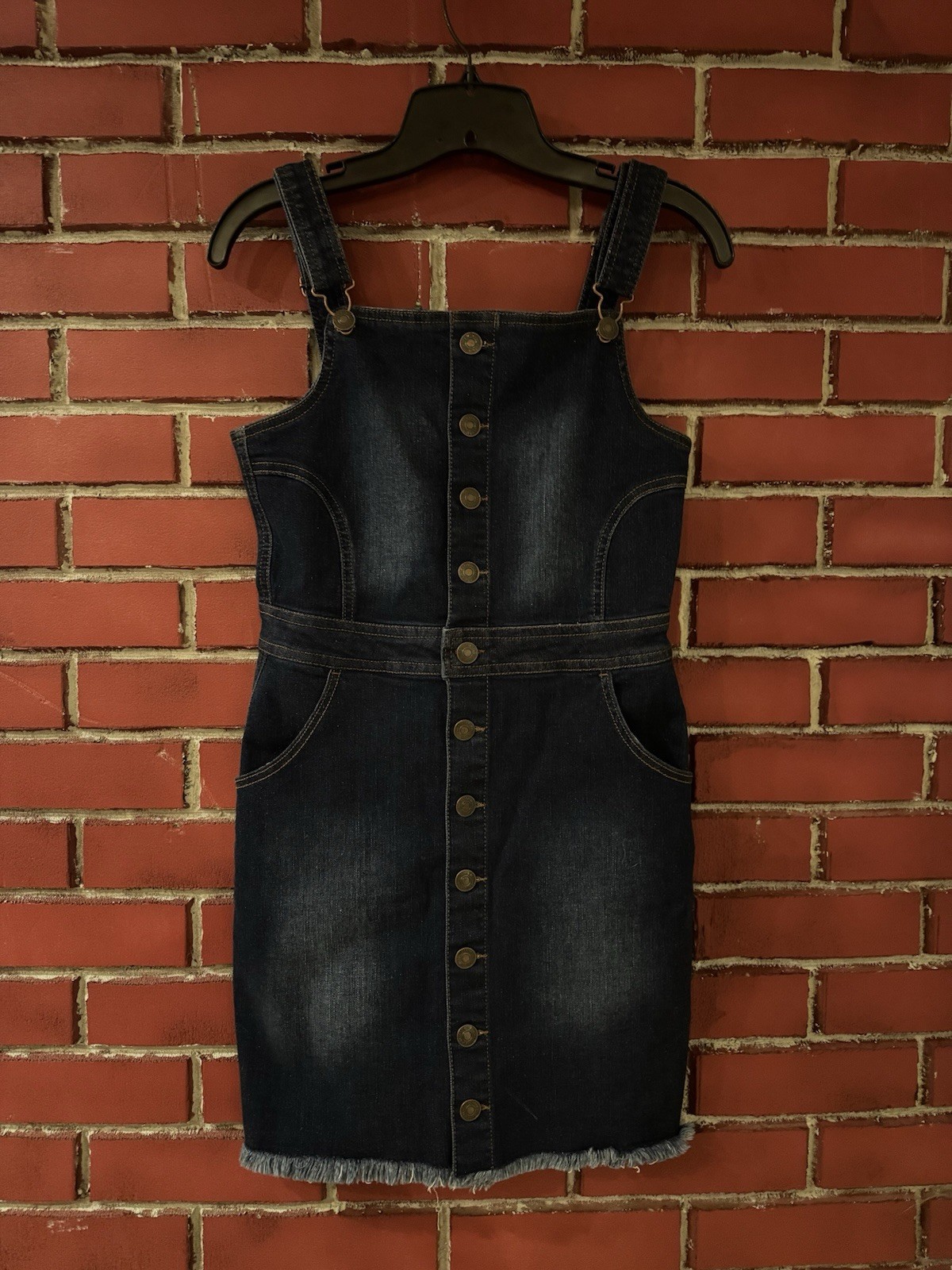 Wax Jean Basic Denim Dark Blue Button Front Overall Dress Sz Small Y2K Style