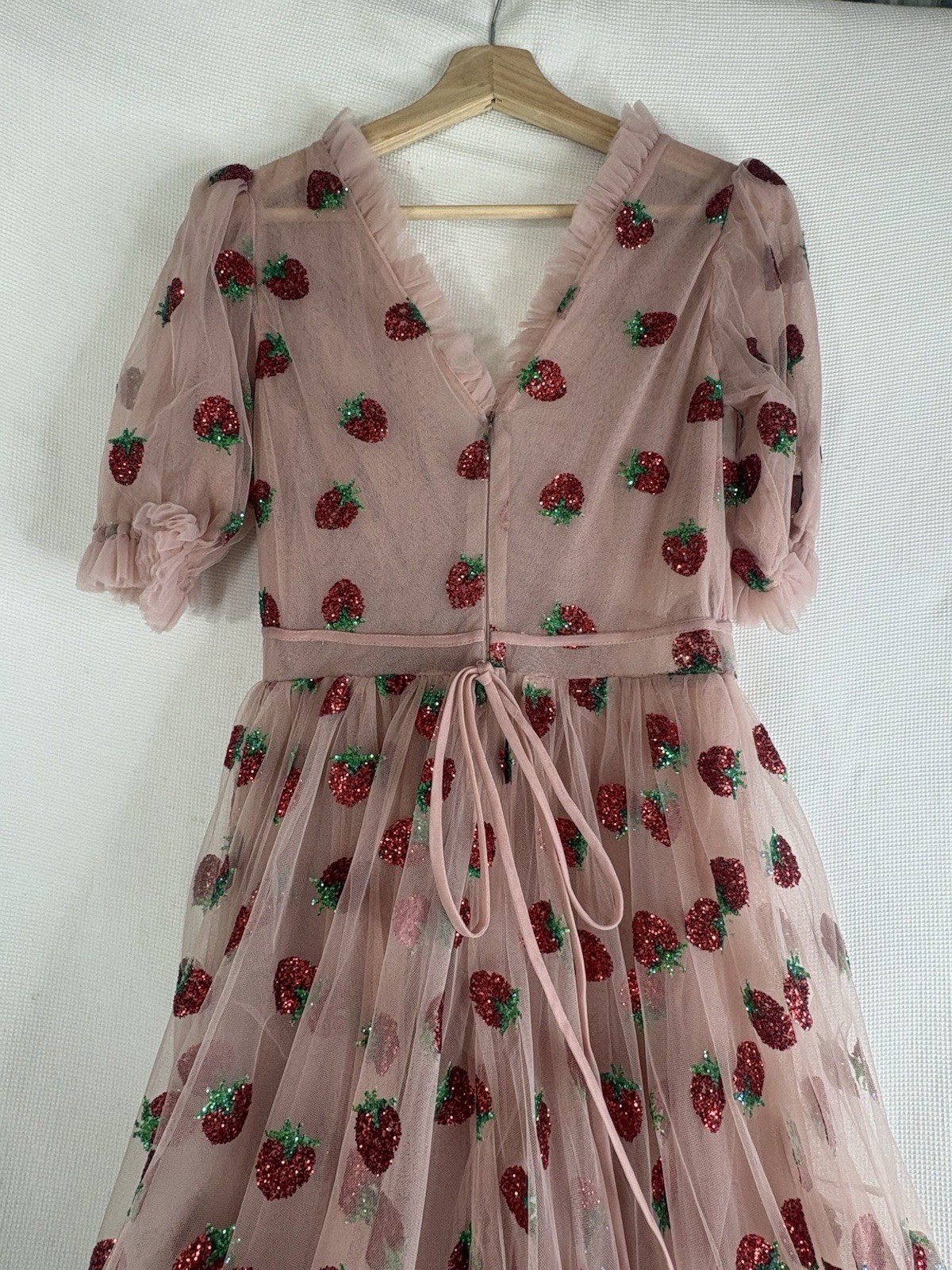 Lirika Matoshi Pink Strawberry Tulle Dress Puff Sleeve Midi V-Neck Lace Up Sz M