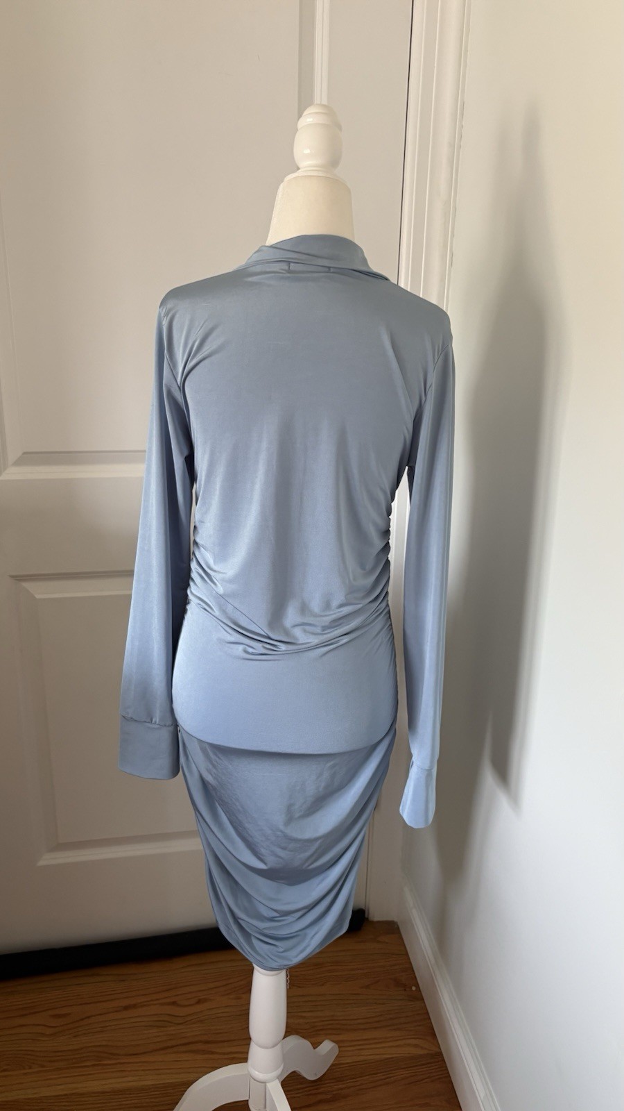 PRETTYLITTLETHING Blue Collared Button Front Ruched Long Sleeve Midi 4
