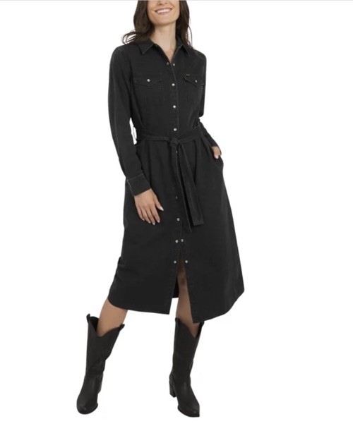 Women’s Black Solid Shirt Dress S Long Sleeve Button Belted Pockets Midi