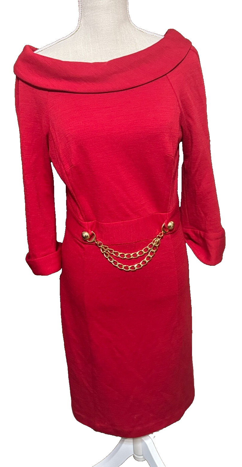 Milly NY Red Wool sheath dress gold chain belt sz M old money classic USA