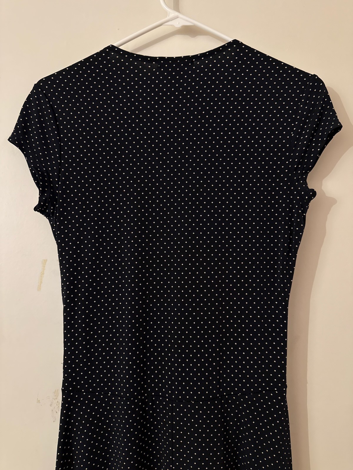 ALFANI navy mini dot stretch knit cap sleeve semi wrap dress, size PP