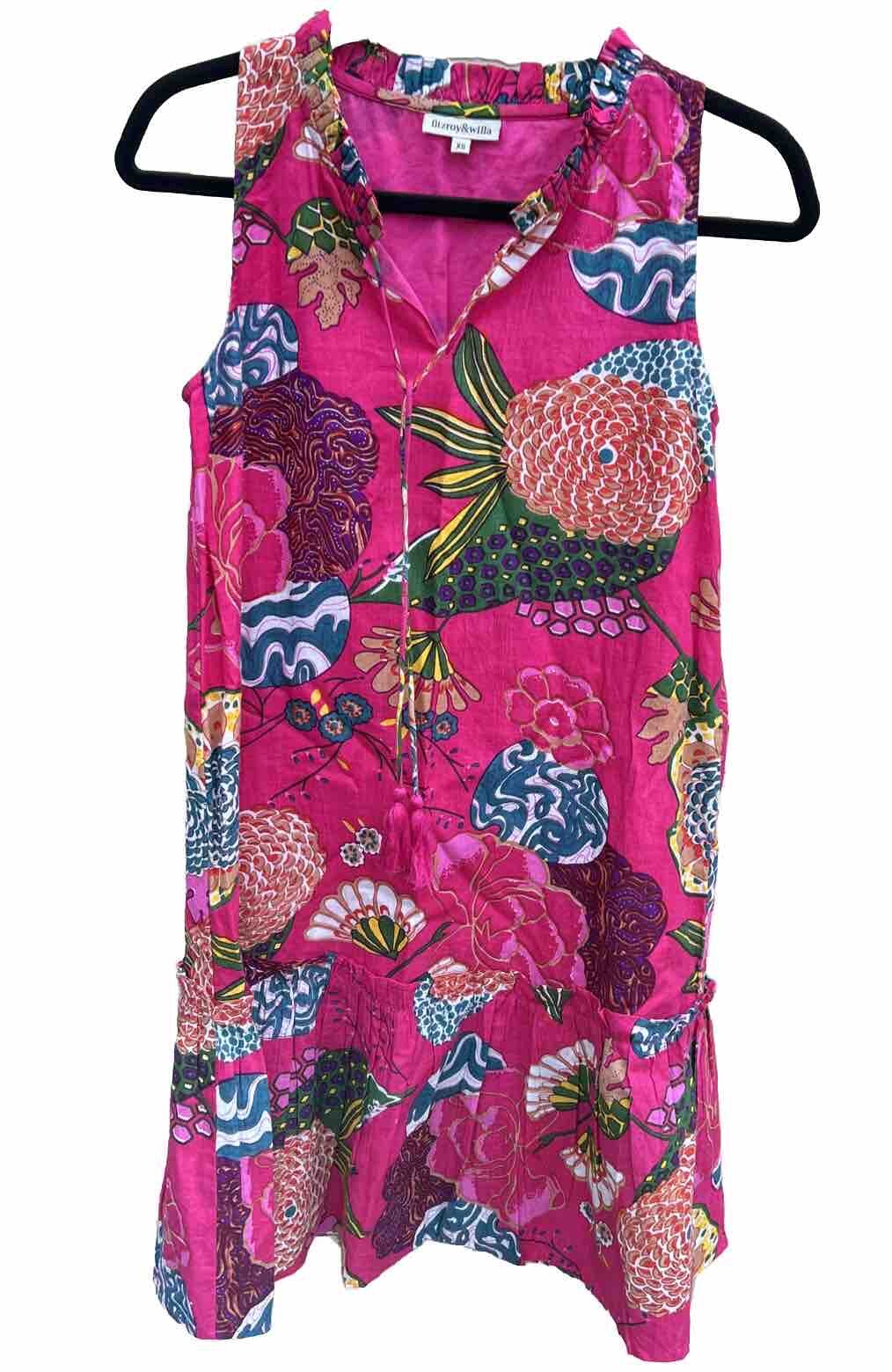 Fitzroy & Willa Floral Shift Dress Size XS Sleeveless Pink Yellow Floral Ruffle