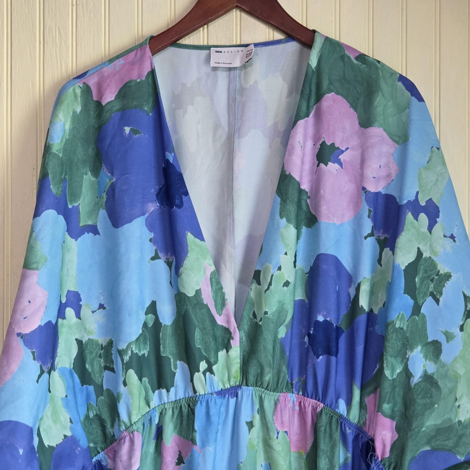 ASOS DESIGN Dress Womens 20 Plus Blue Floral Long Sleeve V Neck Kaftan Maxi