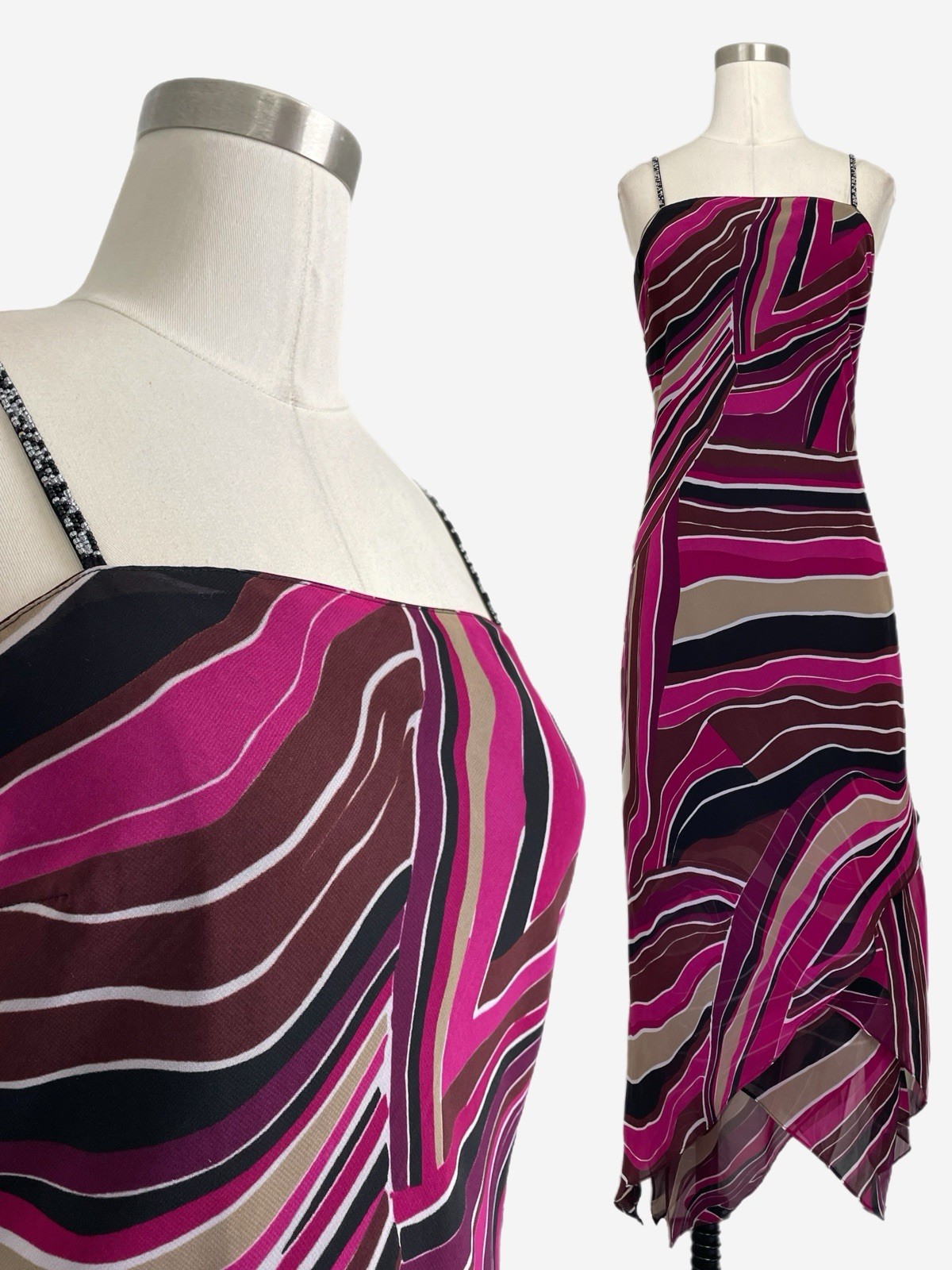 Vintage Y2K Eva Blue Pink black abstract beaded layered asymmetric slip dress S