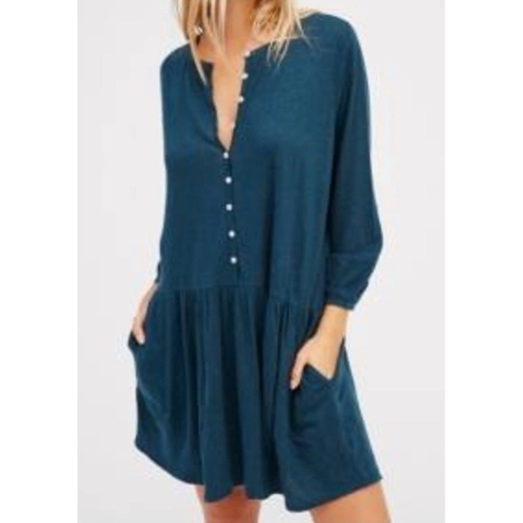 Free People Beach Take Me There Teal Linen Blend Button Tiered Mini Dress Sz S