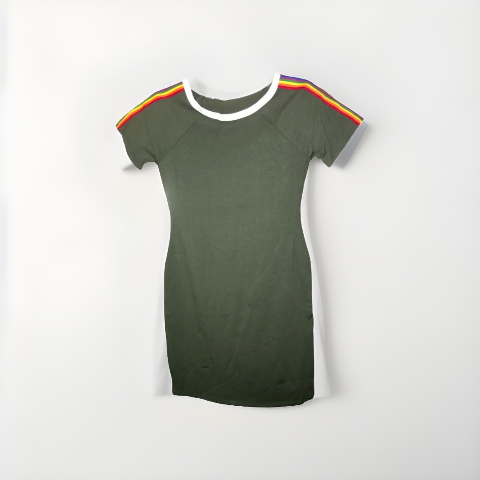 olive green -style mini dress. With a rainbow-stripes