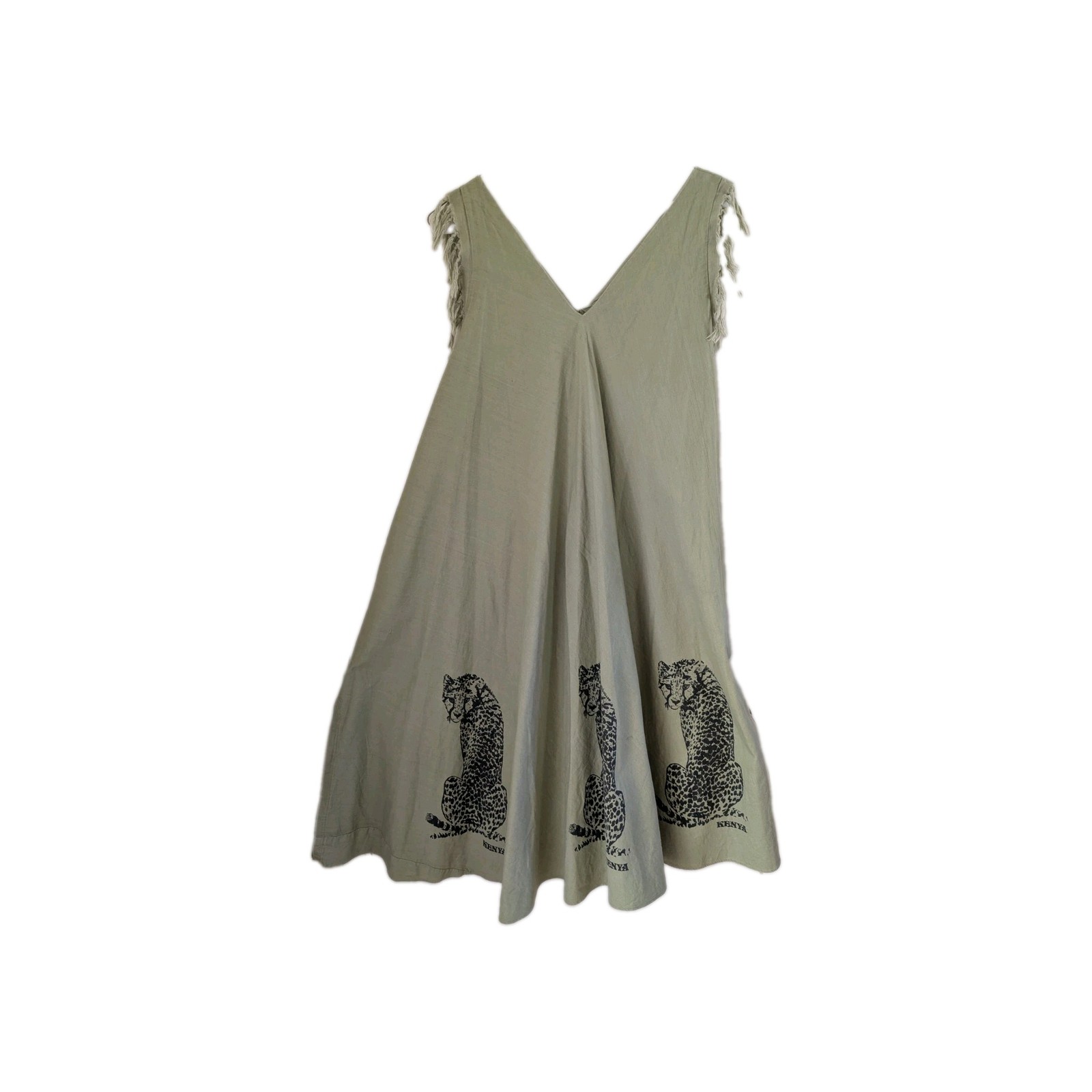 Vtg Midi Cotton Khaki Green Leopard animals Kenya Fringe Shoulders Sleeveless OS