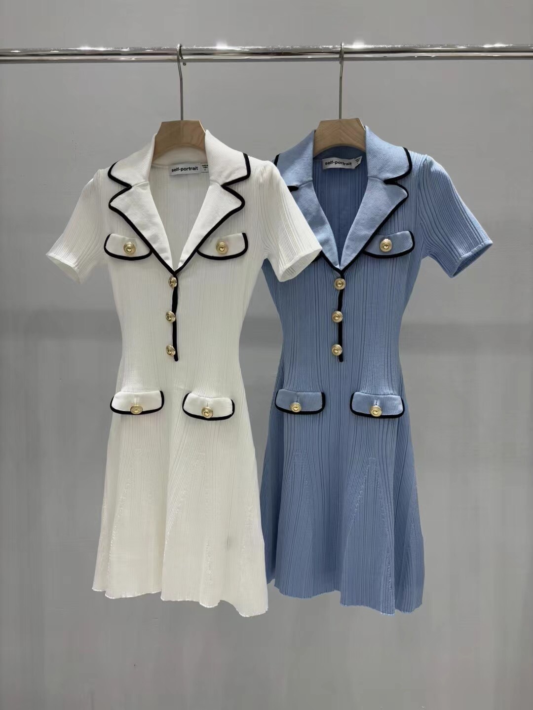 Self Portrait Contrast edge lapel Short sleeve Knitted dress Women