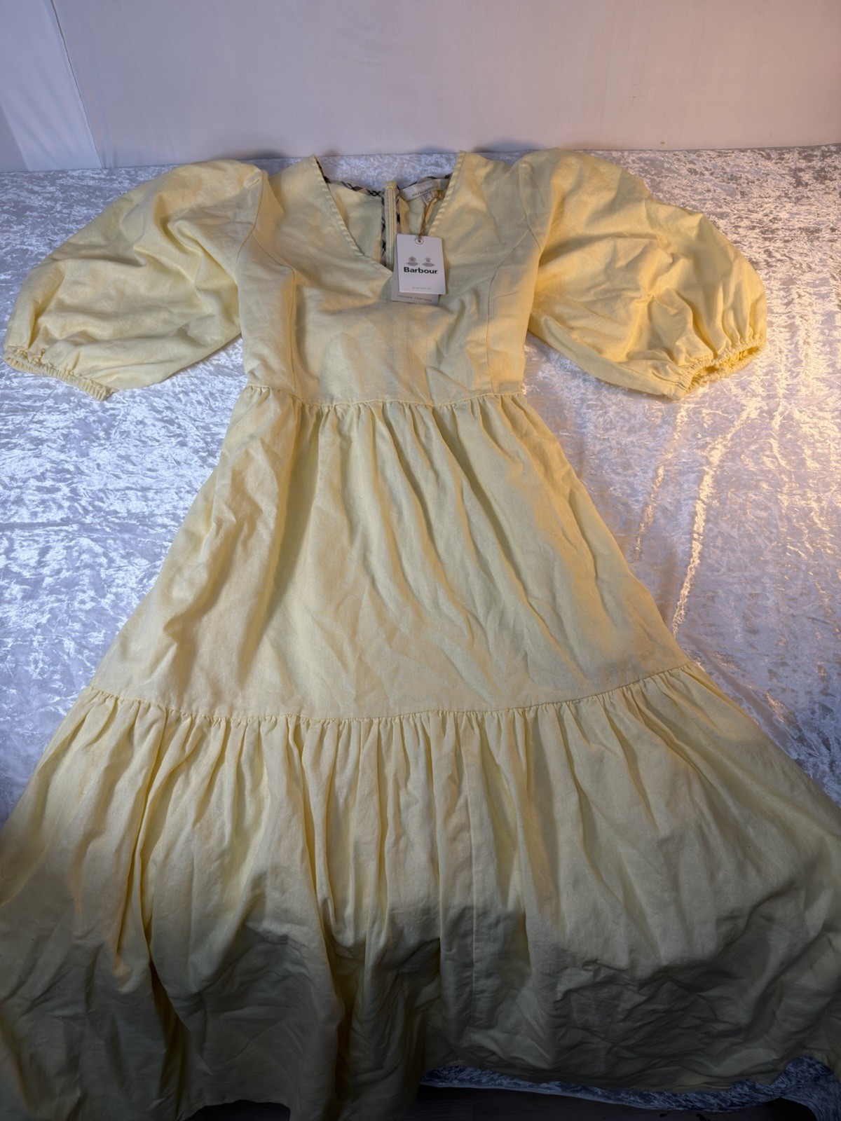 Barbour Yellow Linen Midi Dress Puff Sleeve Tie Back Womens 10 NWT