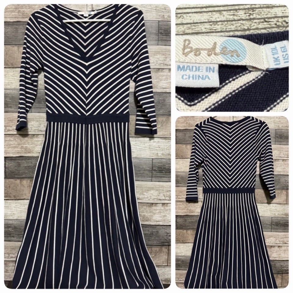 Boden Striped Sweater Dress Women’s 6L Navy Blue White Nautical N7