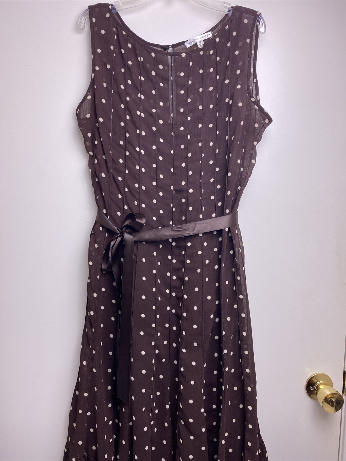 Brown White Polka Dot Sheer Lined Sleeveless Ruffle Dress Sz 12 Pretty Woman