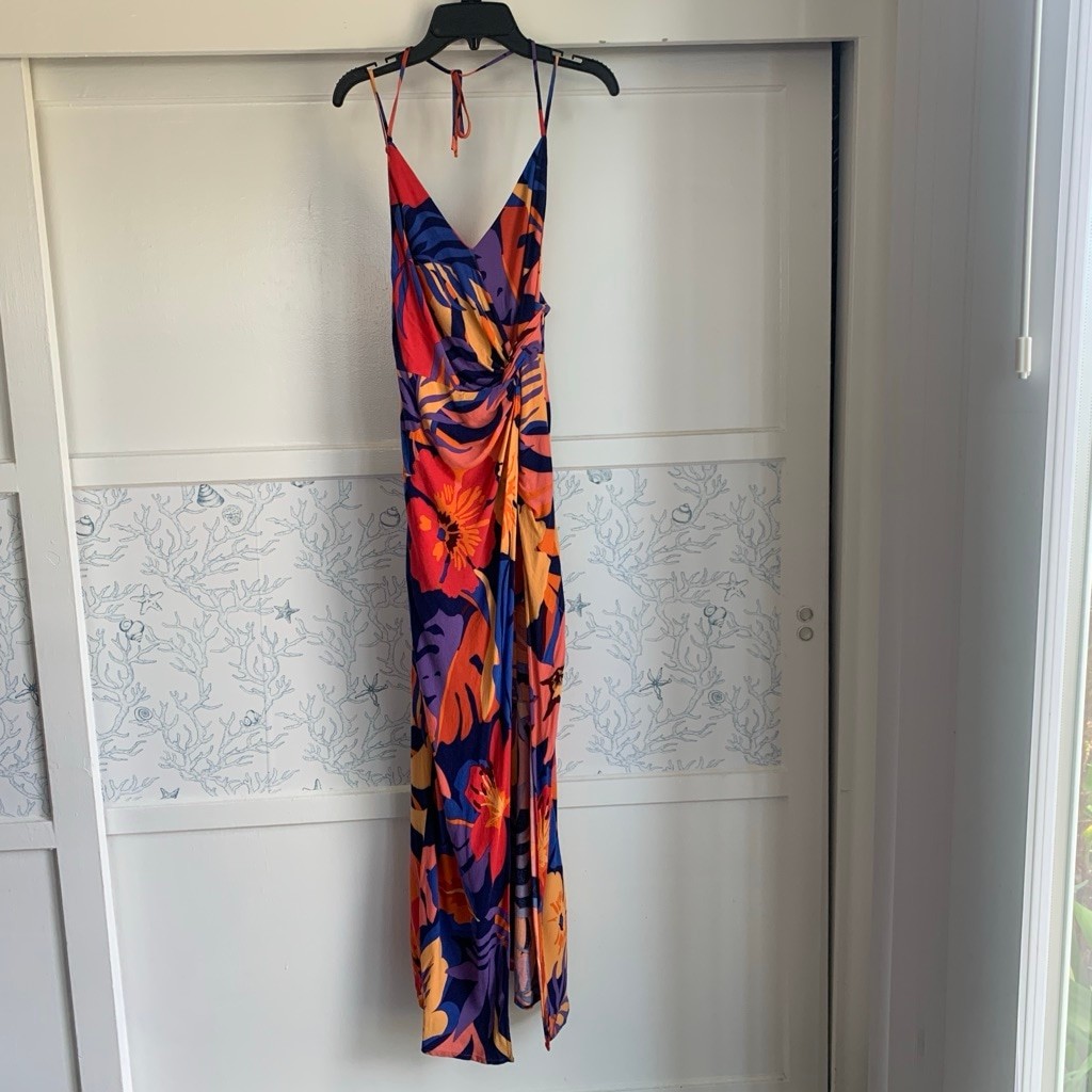 Forever 21 Contemporary Tropical Floral Maxi Mini Dress Side Slit Open Back XS