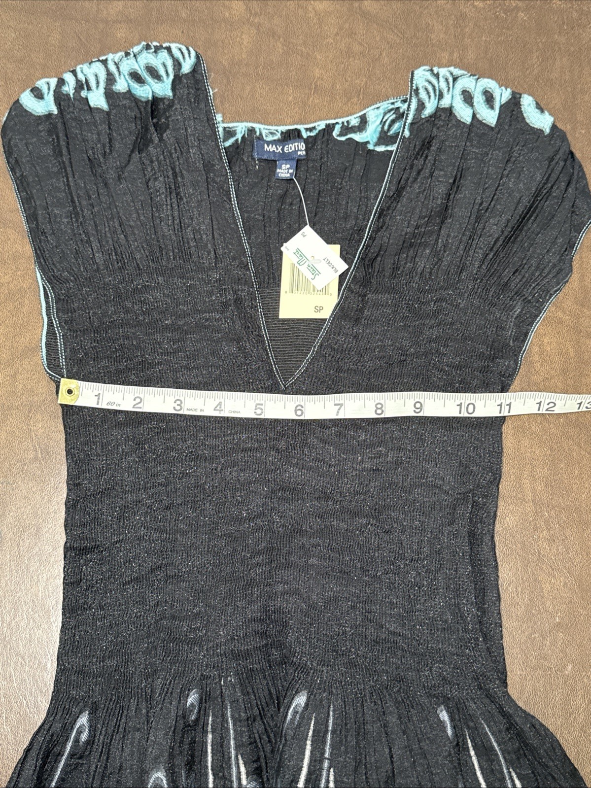NWT Max Edition Black Multi Stretch Smocked Fit And Flare Dress Sz Petite Small