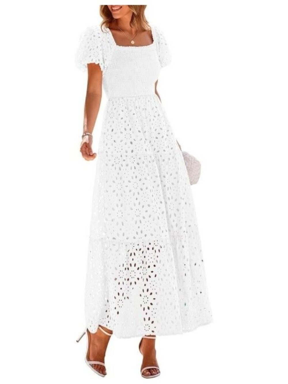 PrettyGarden Maxi Dress Medium White Smocked Puff Sleeve Tiered Boho