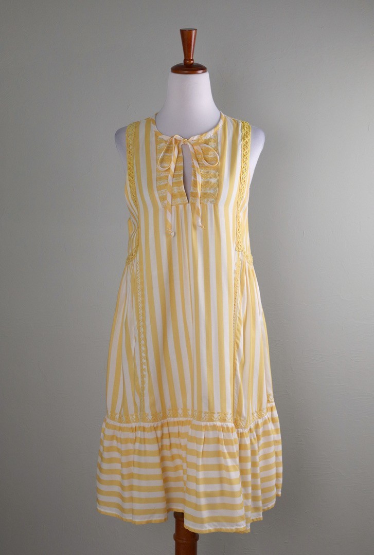 HIHO Tortola $159 Embroidered Yellow Striped Casual Lined Tank Dress Size XS