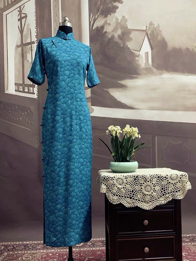 New Chinese Qipao Dress Cheongsam Handmade Button Blue Mermaid Shell Pattern L