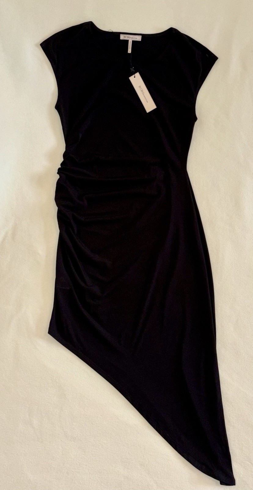 NWT BCBGeneration Black Asymmetrical Ruched Midi Dress Womens Medium M Stretch
